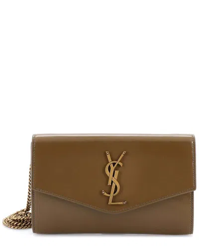 Saint Laurent Green Patent Leather Classic Monogram Wallet On Chain Small  (authentic Pre-loved) In Brown