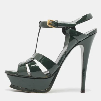 Pre-owned Saint Laurent Green Patent Tribute Ankle Strap Sandals Size 36