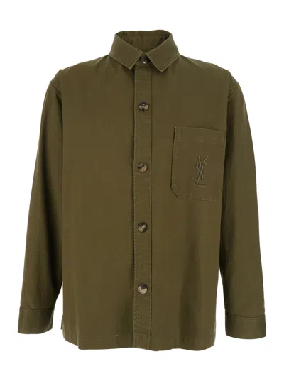 Saint Laurent Green Shirt With Classic Collar And Cassandre Embroidery On The Front In Cotton Man