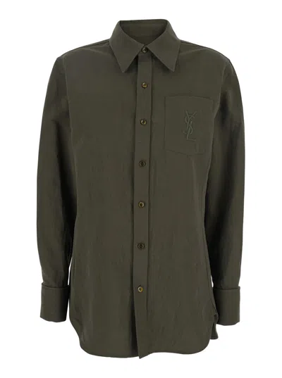 Saint Laurent Green Shirt With Classic Collar And Cassandre Embroidery On The Front In Linen And Cot In Brown