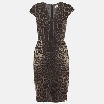 Pre-owned Saint Laurent Grey Animal Print Silk Short Dress M In Black