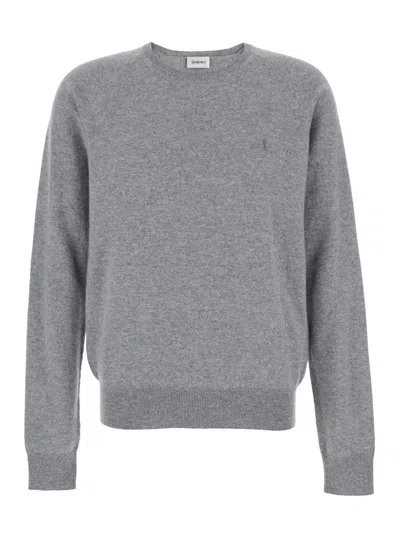 Saint Laurent Grey Crewneck Sweater With Cassandre In Cashmere Man In Gray