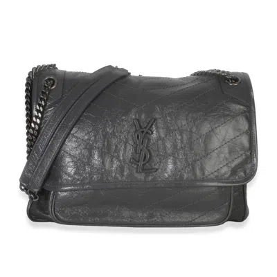 Pre-owned Saint Laurent Grey Crinkled Calfskin Matelasse Large Niki Chain Satchel
