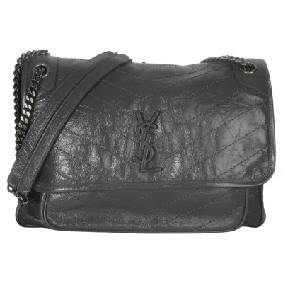 Pre-owned Saint Laurent Grey Crinkled Calfskin Matelasse Large Niki Chain Satchel In Gray