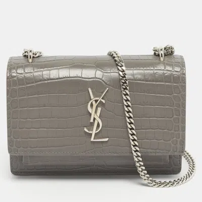 Pre-owned Saint Laurent Grey Croc Embossed Leather Mini Sunset Chain Bag In Gray