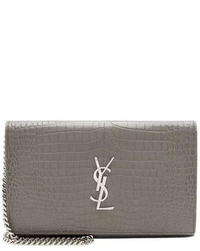 Pre-owned Saint Laurent Grey Croc-embossed Leather Monogram Chain Wallet (authentic Pre-  Loved)