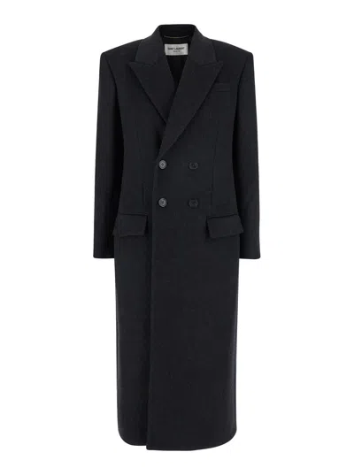 Saint Laurent Grey Double-breasted Coat With Peak Revers In Cashmere And Wool Woman In Multicolor