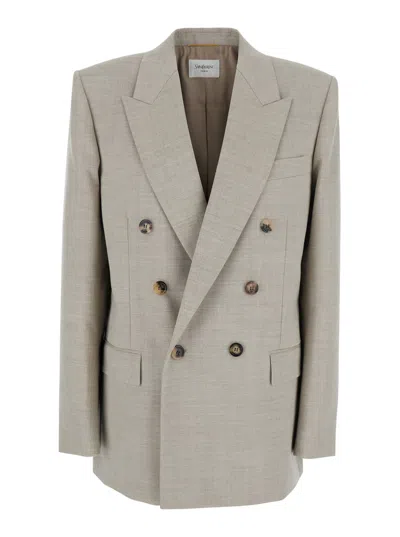 SAINT LAURENT GREY DOUBLE-BREASTED JACKET WITH PEAK REVERS IN WOOL WOMAN