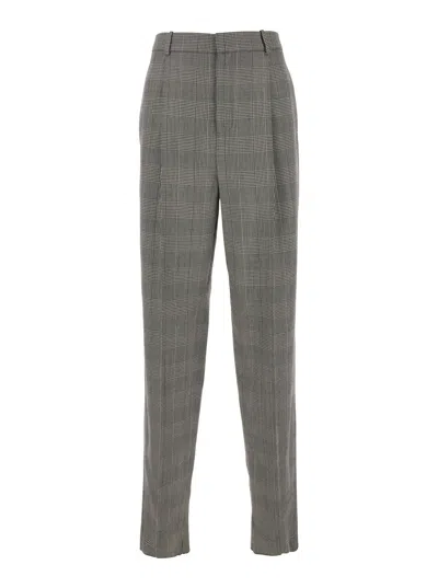 Saint Laurent Grey High Waisted Pants With All-over Prince Of Wales Motif In Wool Man In Gray