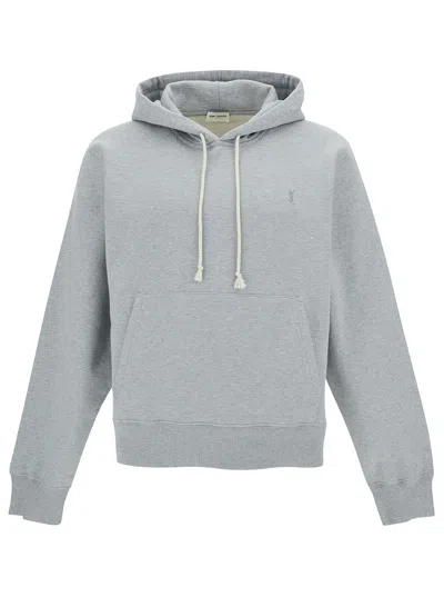 SAINT LAURENT SAINT LAURENT GREY HOODIE WITH CASSANDRE EMBROIDERY IN COTTON MAN