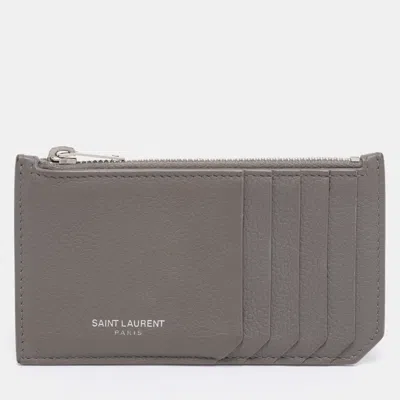 Pre-owned Saint Laurent Grey Leather 5 Fragments Zip Pouch Card Holder In Gray