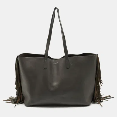 Pre-owned Saint Laurent Grey Leather Fringe E/w Shopping Tote