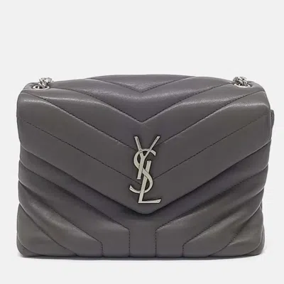 Pre-owned Saint Laurent Grey Leather Monogram Lulu Crossbody Bag In Gray