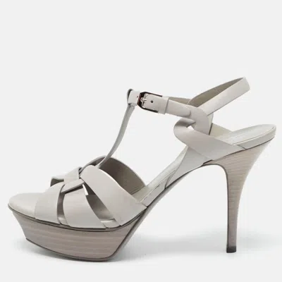 Pre-owned Saint Laurent Grey Leather Tribute Platform Sandals Size 38.5