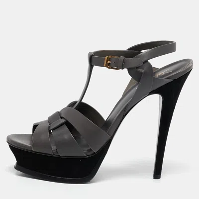 Pre-owned Saint Laurent Grey Leather Tribute Sandals Size 39.5