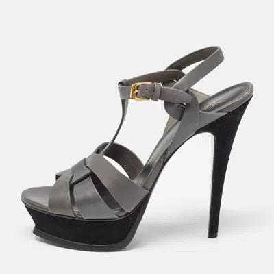 Pre-owned Saint Laurent Grey Leather Tribute Sandals Size 39.5