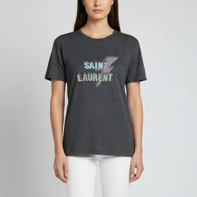 Pre-owned Saint Laurent Grey Lightning Bolt Logo Print Jersey Boyfriend T-shirt Xs In Gray