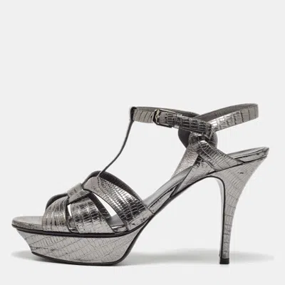Pre-owned Saint Laurent Grey Lizard Embossed Leather Tribute Platform Sandals Size 40