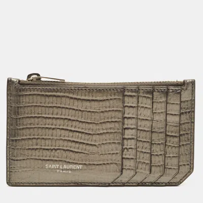 Pre-owned Saint Laurent Grey Lizard Embossed Leather Zip Card Holder In Gray