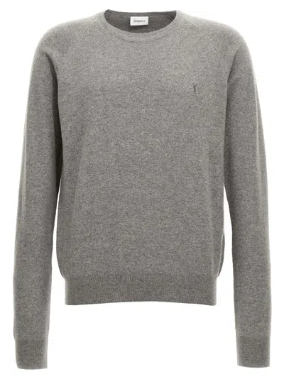 SAINT LAURENT GREY LOGO EMBROIDERY SWEATER