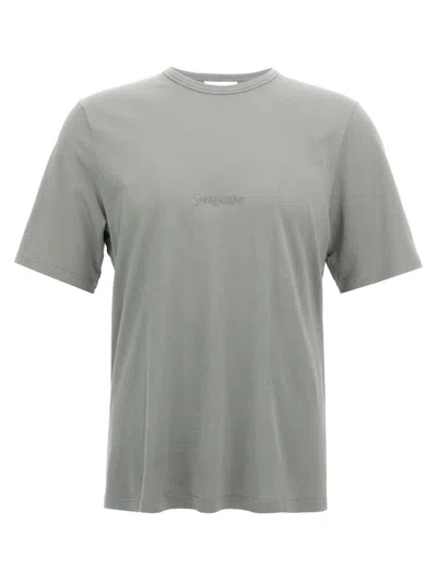 Saint Laurent Tonal Logo Embroidery Cotton T Shirt In Gray