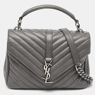 Pre-owned Saint Laurent Grey Matelassé Leather Medium College Top Handle Bag