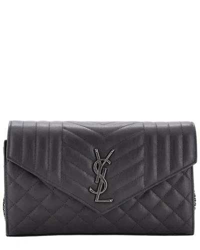 Pre-owned Saint Laurent Grey Mixed Matelasse Leather Classic Monogram Chain Wallet  Medium (authentic Pre-love