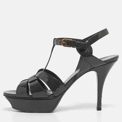 Pre-owned Saint Laurent Grey Patent Leather Tribute Platform Sandals Size 38 In Gray