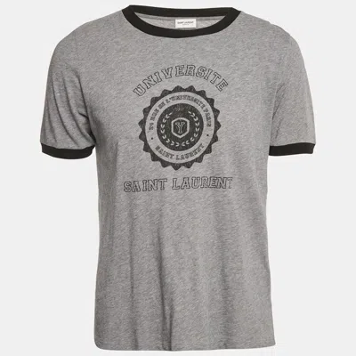 Pre-owned Saint Laurent Grey Printed Cotton Crew Neck T-shirt S