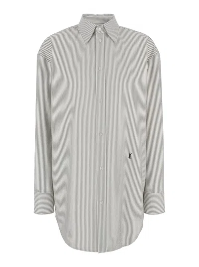 Saint Laurent Grey Shirt With Cassandre Embroidery And All-over Striped Motif In Cotton Woman
