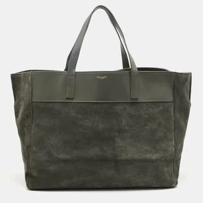 Pre-owned Saint Laurent Grey Suede And Leather Suede Reversible Shopper Tote In Gray