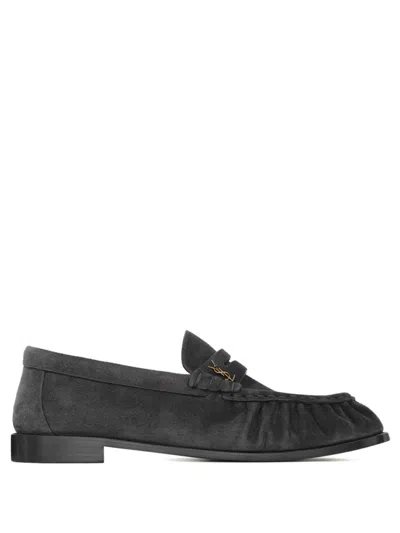 Saint Laurent Grey Suede Loafers In Black