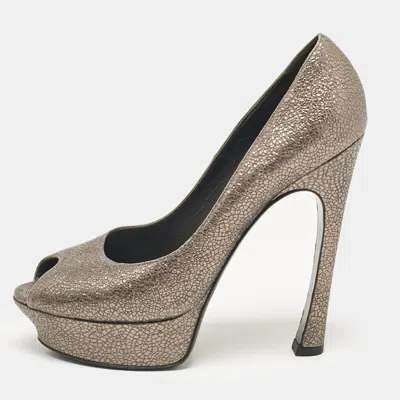 Pre-owned Saint Laurent Grey Textured Leather Palais Peep Toe Pumps Size 41