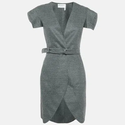 Pre-owned Saint Laurent Grey Wool Belted Mini Dress S