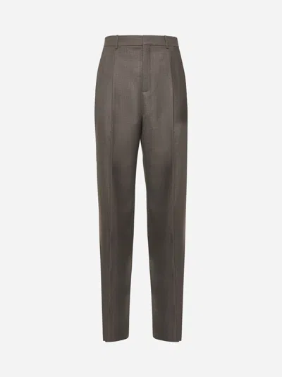 Saint Laurent Grey Wool Chiné High-waisted Trousers In Brown