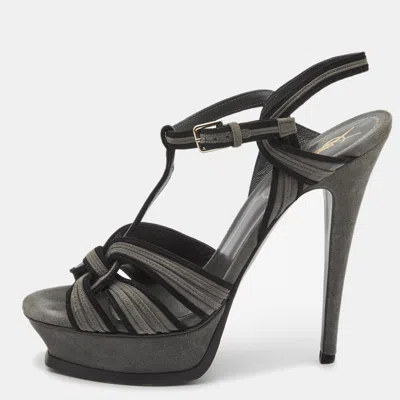 Pre-owned Saint Laurent Grey/black Suede Tribute Sandals Size 39