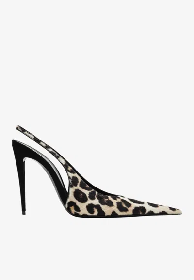 Saint Laurent Guermantes 110 Leopard Print Slingback Pumps In Black