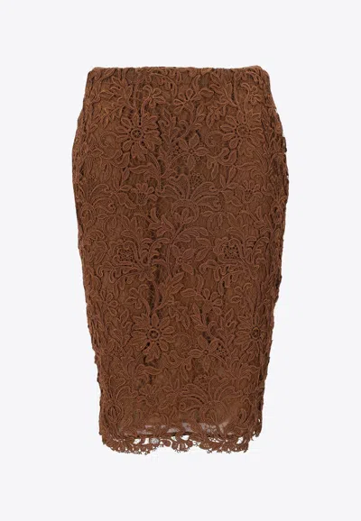 Saint Laurent Guipure Lace Pencil Skirt In Brown