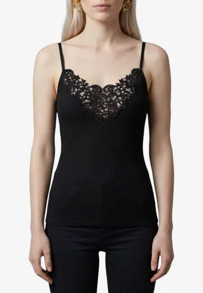 Saint Laurent Guipure Lace Silk Tank Top In Black