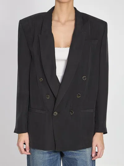 Saint Laurent Habotai Double-breasted Peak-lapel Jacket In Black