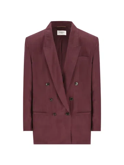Saint Laurent Habotai Double-breasted Peak-lapel Jacket In Brown