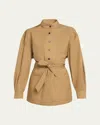 Saint Laurent Belted Long Sleeve Top In Cognac