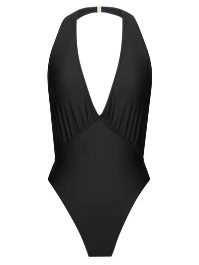 Saint Laurent Halter Neck Cassandre Logo Jersey Top In Black