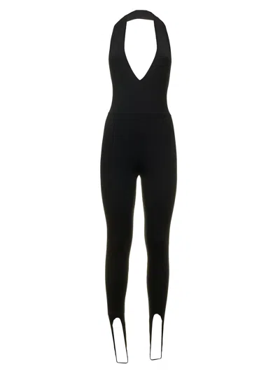 Saint Laurent Plunging Halter Stirrup-hem Jumpsuit In Black