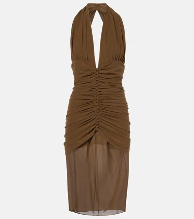 Saint Laurent Halterneck Silk Ruched Midi Dress In Green