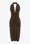 Saint Laurent Halterneck Silk Ruched Midi Dress In Khaki