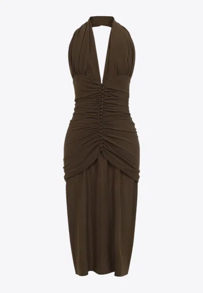 Saint Laurent Halterneck Silk Ruched Midi Dress In Green