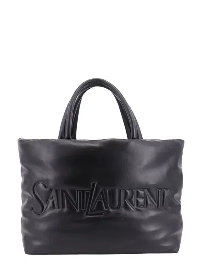 Saint Laurent Raffia Tote Bag Textured Fabric In Black