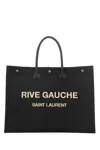 Saint Laurent Black Rafia And Canvas Rive Gauche Shopping Bag In Black