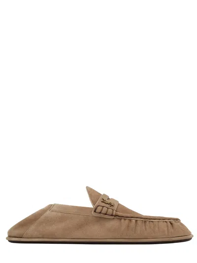 Saint Laurent Hand-stitched Moc Toe Loafer With Fold-down Heel Counter And Gold-tone Accent In Brown
